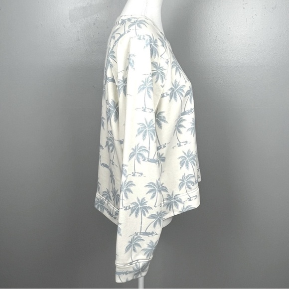 Lou & Grey for Loft ivory blue tropical palm tree print sweatshirt, large. - Picture 3 of 8